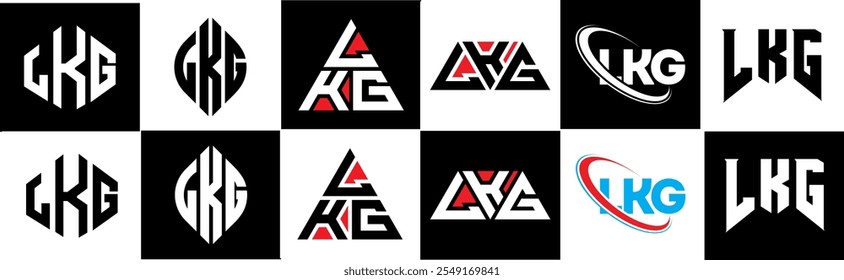 LKG letter logo design in six style. LKG polygon, circle, triangle, hexagon, flat and simple style with black and white color variation letter logo set in one artboard. LKG minimalist and classic logo