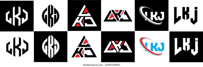 LKJ letter logo design in six style. LKJ polygon, circle, triangle, hexagon, flat and simple style with black and white color variation letter logo set in one artboard. LKJ minimalist and classic logo