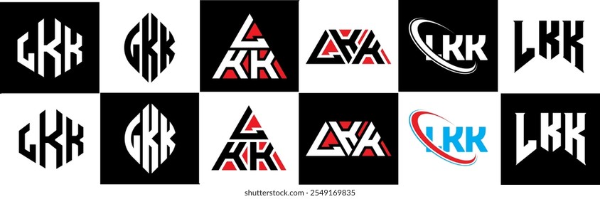 Design de logotipo de letra LKK em estilo seis. Polígono LKK, círculo, triângulo, hexágono, estilo simples e plano com logotipo de letra de variação de cor preta e branca definido em uma prancheta. Logotipo minimalista e clássico LKK