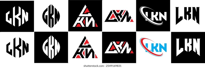 LKN letter logo design in six style. LKN polygon, circle, triangle, hexagon, flat and simple style with black and white color variation letter logo set in one artboard. LKN minimalist and classic logo