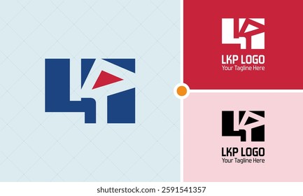 LKP Letter Monogram Logo Design in unique concept, combination of letters L K P with the play button symbol, in blue and red color. Awesome template for your company branding.