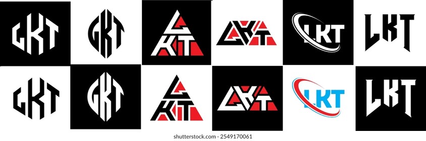 LKT letter logo design in six style. LKT polygon, circle, triangle, hexagon, flat and simple style with black and white color variation letter logo set in one artboard. LKT minimalist and classic logo