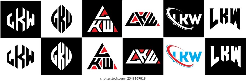 LKW letter logo design in six style. LKW polygon, circle, triangle, hexagon, flat and simple style with black and white color variation letter logo set in one artboard. LKW minimalist and classic logo