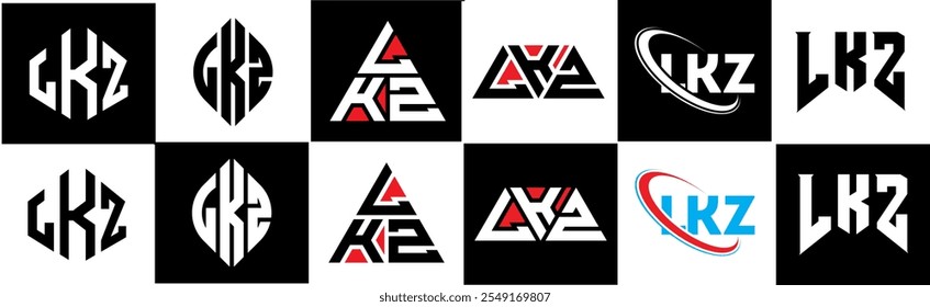 LKZ letter logo design in six style. LKZ polygon, circle, triangle, hexagon, flat and simple style with black and white color variation letter logo set in one artboard. LKZ minimalist and classic logo