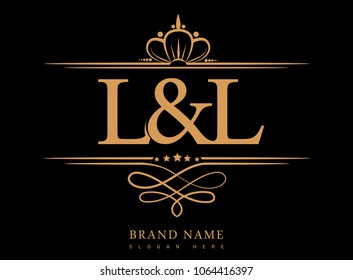 L&L Initial logo, Ampersand initial logo gold with crown and classic pattern