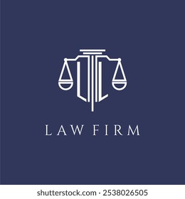 Monograma inicial de LL para logotipo da empresa de advocacia com imagem vetorial de escalas
