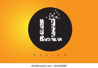 LL L Logo Design Made of Small Letters with Black Circle and Yellow Background.