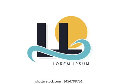 LL letter logo with ocean waves and sunset. Beach concept design