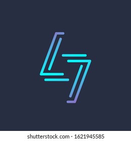 LL monogram logo. Geometric style typographic icon.Company lettering sign.Neon colors alphabet initials isolated on dark background.Abstract letter l.Modern design, web, corporate characters shape.