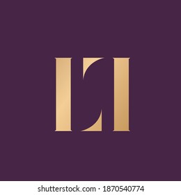 LL monogram logo.Decorative lettering sign.Metallic gold alphabet initials icon isolated on dark fund.Elegant, beauty, luxury style characters shape.Typographic uppercase serif letter l.