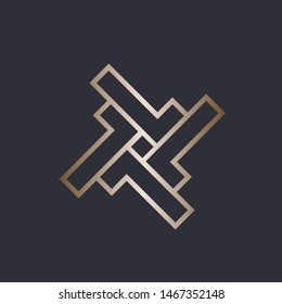 LL monogram.Typographic logo with l letters.Character lines in golden metallic color isolated on dark background.Lettering icon.Uppercase alphabet initials.Modern,geometric style.Abstract star shape.