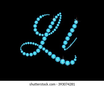 Ll in stunning Aquamarine Script precious round jewels, isolated on black. Vector EPS-10 file, transparency used. 