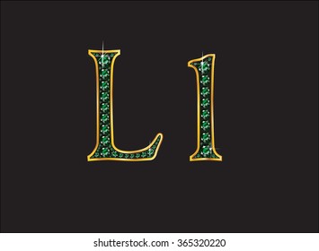 Ll in stunning emerald precious round jewels set into a 2-level gold gradient channel setting, isolated on black. Vector EPS-10 file, transparency used. 