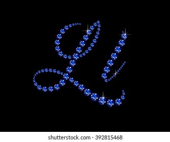 Ll in stunning Sapphire Script precious round jewels, isolated on black. Vector EPS-10 file, transparency used. 