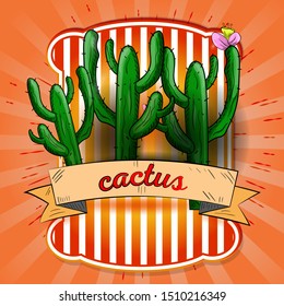 llabel illustration of three cacti with a flower the name on the flag