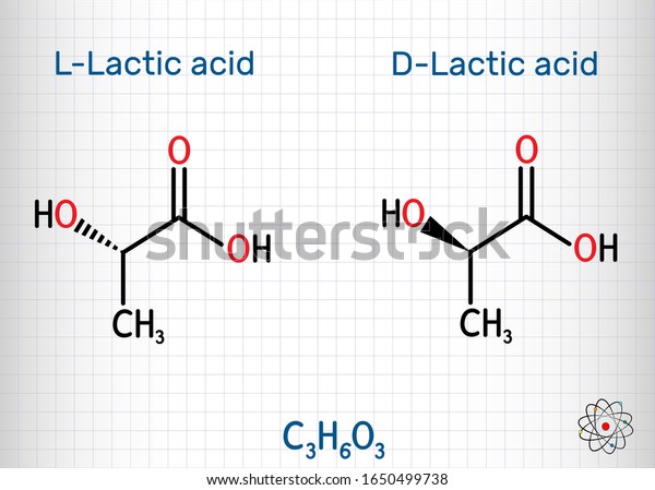 L-Lactic acid and D-Lactic acid, lactate,
milk sugar, C3H6O3 molecule. It is chiral, consisting of two
enantiomers.  Structural chemical formula. Sheet of paper in a
cage. Vector
illustration