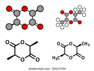 L-lactide PLA precursor molecule. Used in synthesis of polymeric polylactic acid (polylactide, polylactate) plastic. Stylized 2D renderings and conventional skeletal formulae.