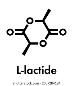 L-lactide PLA precursor molecule. Used in synthesis of polymeric polylactic acid (polylactide, polylactate) plastic. Skeletal formula.