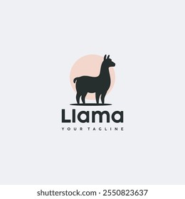 llama or alpaca animal character silhouette logo standing with moon background vector illustration design