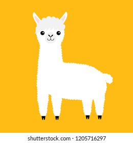 Llama alpaca animal. Cute cartoon funny kawaii character. Fluffy fur. Curly haircut. Childish baby collection. T-shirt, greeting card, poster template print. Flat design. Yellow background. Vector