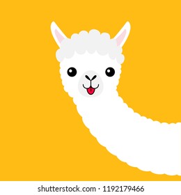 Llama alpaca animal face neck. Cute cartoon funny kawaii character. Fluffy hair fur. T-shirt, greeting card, poster template print. Childish baby collection. Flat design. Yellow background. Vector