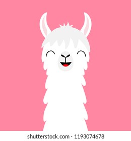 Llama alpaca animal face neck. Fluffy hair fur. Cute cartoon funny kawaii smiling character. Childish baby collection. T-shirt, greeting card, poster template print. Flat design Pink background Vector