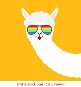 Llama alpaca animal face in rainbow glassess. Cute cartoon funny kawaii character. Fluffy hair fur. T-shirt, greeting card, poster print. Childish baby collection. Flat design Yellow background Vector