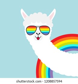 Llama alpaca animal face in rainbow glassess. Fluffy hair fur. Cute cartoon funny kawaii character. T-shirt, greeting card, poster print. Gay symbol collection. Flat design. Blue background. Vector