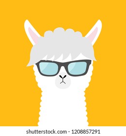 Llama alpaca animal wearing sun glassess. Cute cartoon funny kawaii character. Fluffy hair fur. Childish baby collection. T-shirt, greeting card, poster print. Flat design. Yellow background. Vector