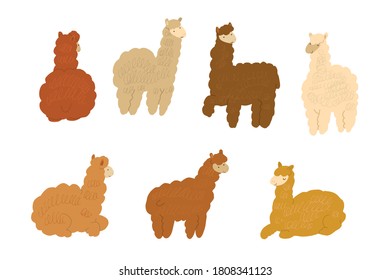 Llama alpaca animals doodle vector illustrations set.