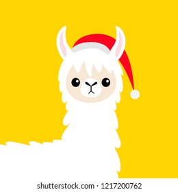 Llama alpaca baby face. Santa hat. Merry Christmas. Happy New Year. Cute cartoon funny kawaii character. T-shirt, greeting card, poster template print Flat design Yellow background Vector illustration