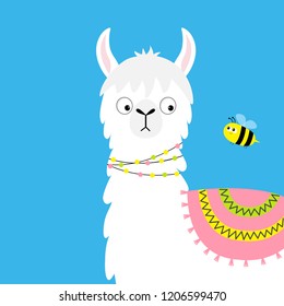 Llama alpaca and bee. Childish baby collection. Cute cartoon funny kawaii character. Fluffy hair fur. Decoration. T-shirt, greeting card, poster template print. Flat design. Blue background. Vector