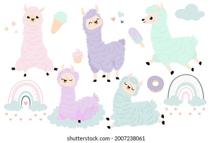 Llama alpaca big line set. rainbow, ice cream. Baby collection. Cute cartoon funny character. Fluffy hair fur. T-shirt, greeting card, poster template print. Flat design. White background. Vector