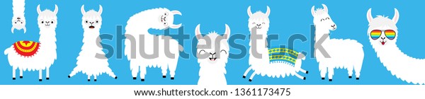 Llama alpaca big line set. Face glassess. Baby\
collection. Cute cartoon kawaii funny character. Fluffy hair fur.\
T-shirt, greeting card, poster template print. Flat design. Blue\
background. Vector