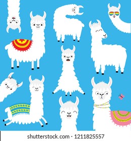 Llama alpaca bigset. Face glassess. Childish baby collection. Cute cartoon kawaii funny character. Fluffy hair fur. T-shirt, greeting card, poster template print. Flat design. Blue background. Vector