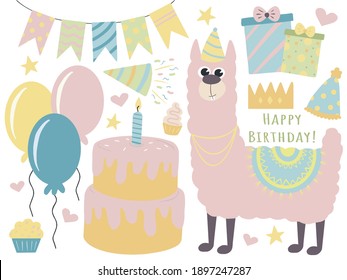 Llama or Alpaca birthday party. Happy Birthday background. Vector birthday elements. Holiday Wallpaper.