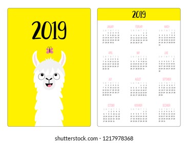 Llama alpaca and butterfly. Simple pocket calendar layout 2019 new year. Week starts Sunday. Cute cartoon character. Vertical orientation. Flat design. Yellow background. Vector illustration