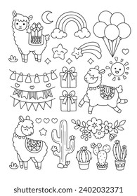 LLama alpaca with cactus and birthday icon coloring page illustration