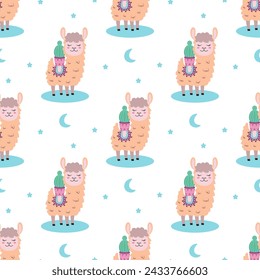 llama, alpaca, cactus and moon with stars seamless pattern, background with cute animal