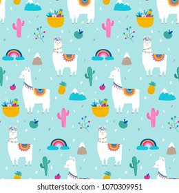 Llama, alpaca, cactuses and leaves seamless pattern, background