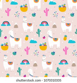 Llama, alpaca, cactuses and leaves seamless pattern, background