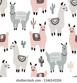 Llama, alpaca, cactuses and leaves seamless pattern, background