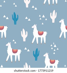 Llama, alpaca, cactuses and leaves seamless pattern, background. Vector background