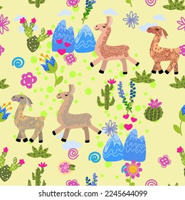 Llama, alpaca, cactuses and leaves seamless pattern, background