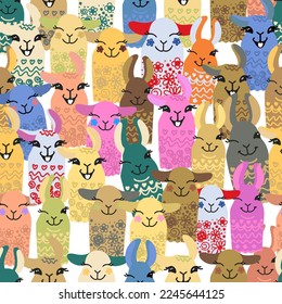 Llama, alpaca, cactuses and leaves seamless pattern, background
