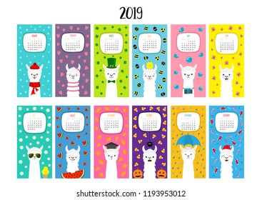 Llama alpaca calendar 2019. Vertical monthly. Cute funny cartoon character set. All month. Happy Valentines Christmas St Patrick day Easter Egg Bird Chicken Umbrella. Santa hat, sun Flat design Vector