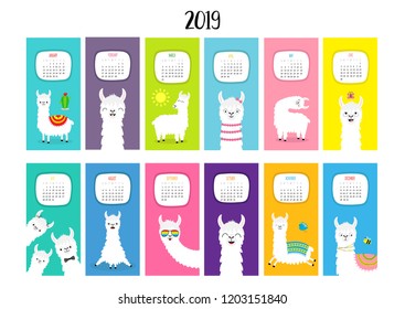 Llama Alpaca Calendar 2019. Vertical Monthly. Cute Funny Cartoon Character Set. All Month. Happy Valentines Christmas St Patrick Day Easter Egg Bird Chicken Umbrella. Santa Hat, Sun Flat Design Vector