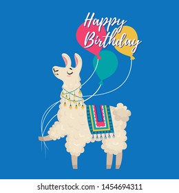 Llama and alpaca card of cute hand drawn illustrations, design for nursery design, poster, greeting card.Happy Birtrhday congratulation.