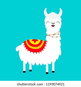 Llama alpaca. Childish baby collection. Cute cartoon funny kawaii smiling character. Fluffy hair fur. Decoration. T-shirt, greeting card, poster template print. Flat design. Blue background. Vector