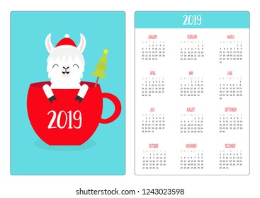 Llama alpaca in coffee tea cup. Christmas tree. Santa hat. Simple pocket calendar layout 2019 new year. Week starts Sunday. Cartoon character. Vertical orientation. Flat design. Blue background Vector